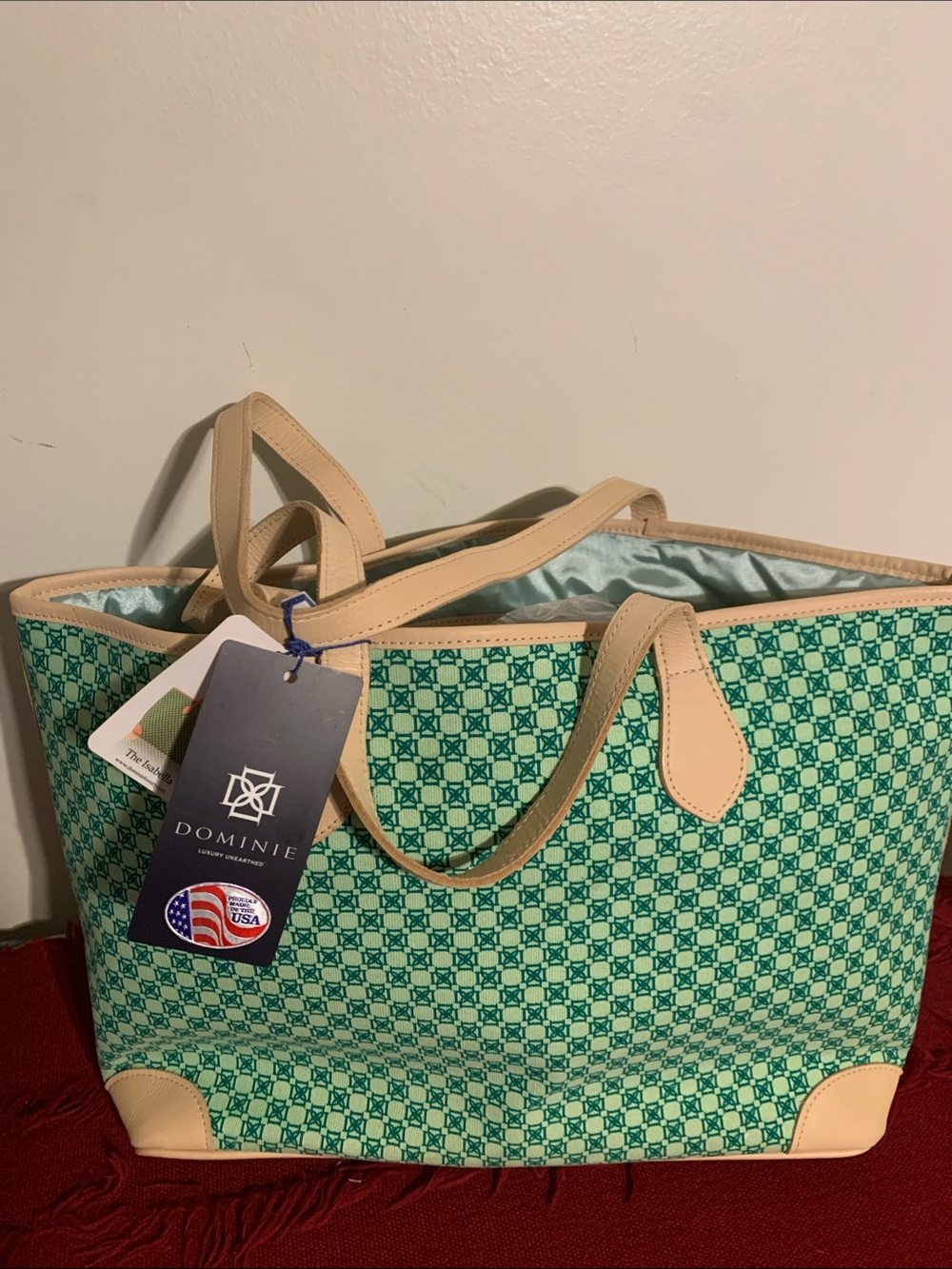 Green Patterned Tote with Tan Trim